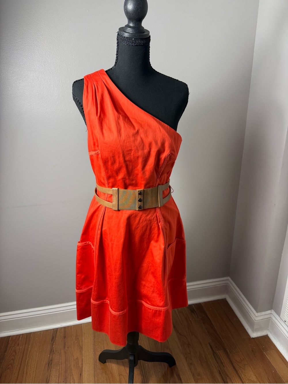 Jessica Simpson One-Shoulder Red Dress with Tan Belt